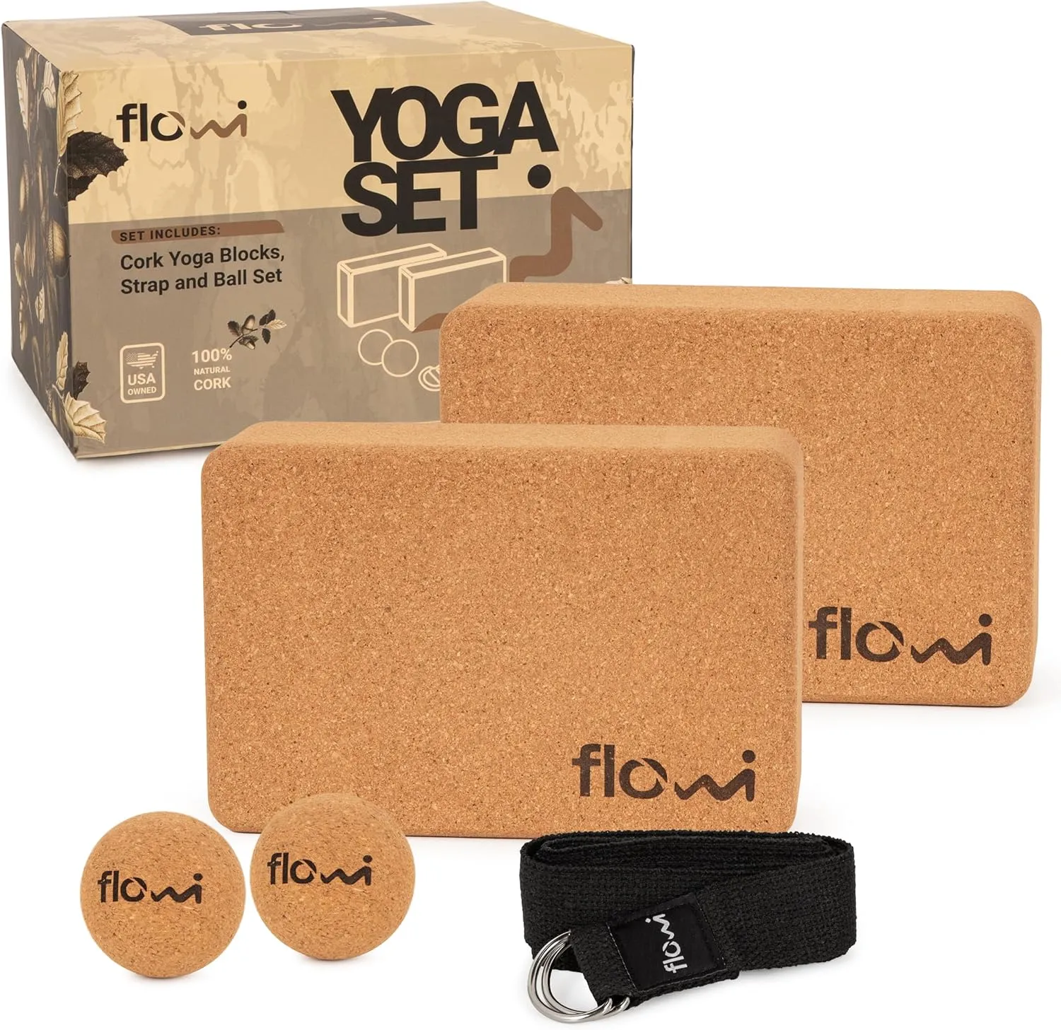 Natural Cork Yoga Blocks 2 Pack with Strap & Massage Balls - Premium Yoga Accessories for Women & Men