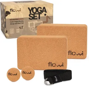 Natural Cork Yoga Blocks 2 Pack with Strap & Massage Balls - Premium Yoga Accessories for Women & Men