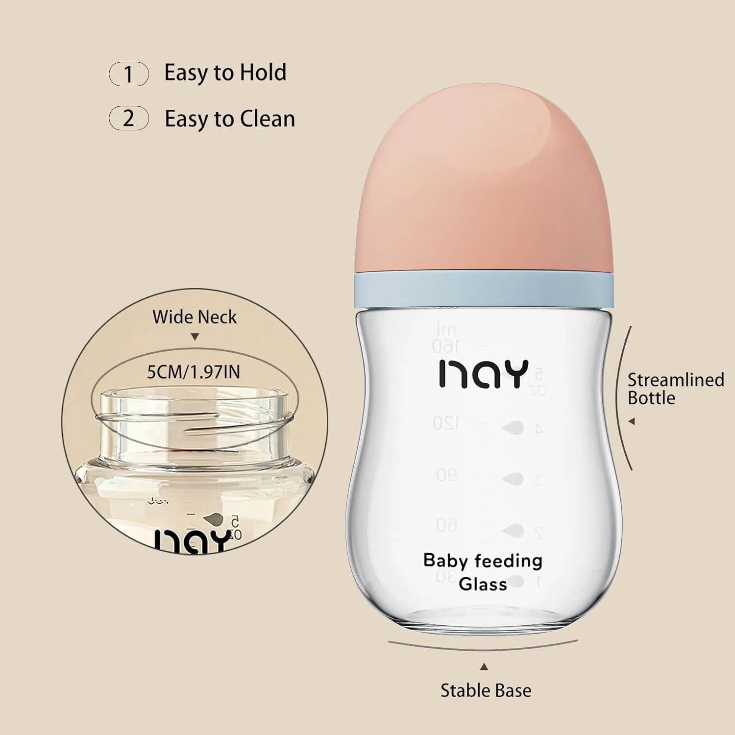 Natural Glass Baby Bottle Wide Neck, Anti-Colic Baby Bottle, Clear, 5.4oz(Pack of 4), Includes 4Pcs Natural Response Nipple(S), 1 Months 