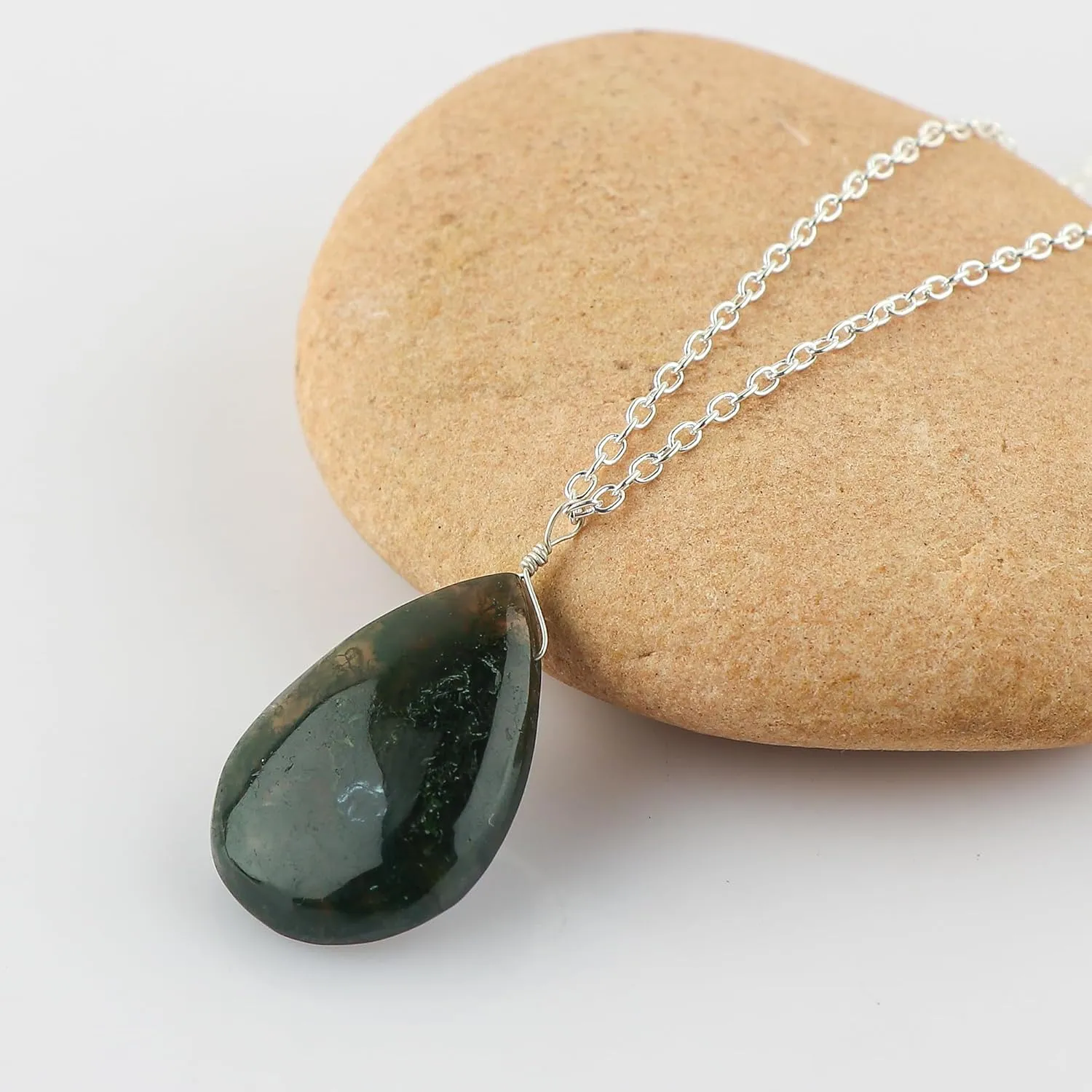 Natural Pear Cabochon Necklace, Gemstone Healing Crystals, Gift for Her, Birthstone Jewelry, 18 inch Silver Plated Adjustable Chain