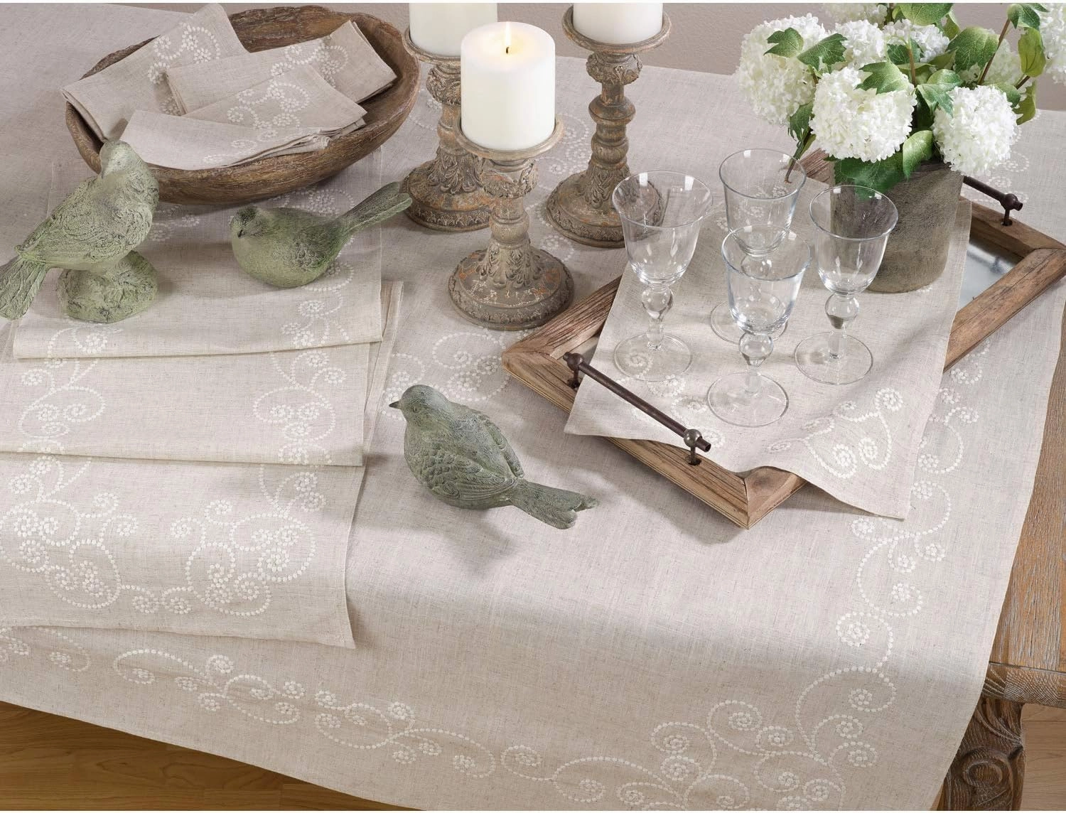 Natural 80% Polyester/20% Linen Swirl Embroidered Cloth Napkins (Set of 4), 20" Square