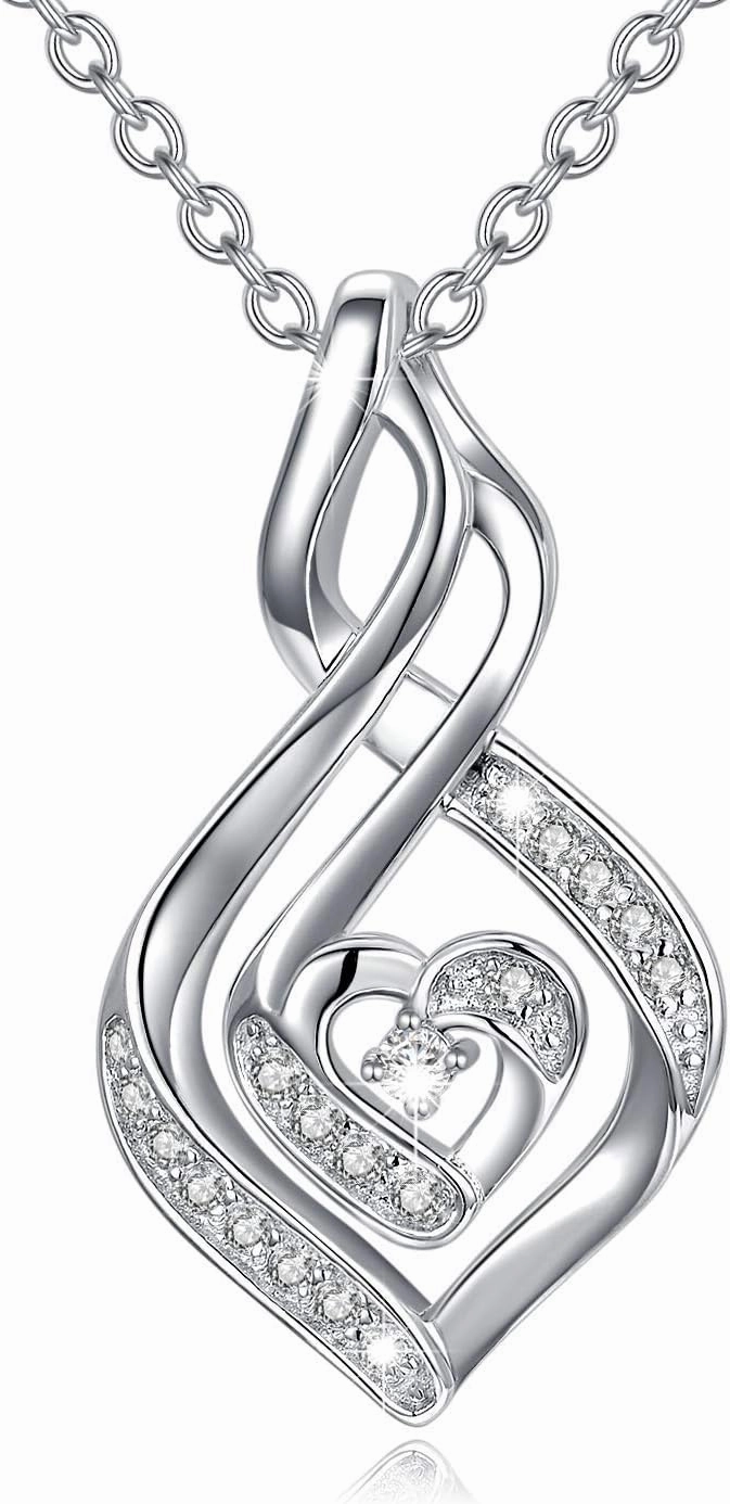 Natural Diamond Infinity Swirl Necklace, Sterling Silver Heart Pendant Necklace Love Jewelry for Her, Mom, Wife, 18"-20"
