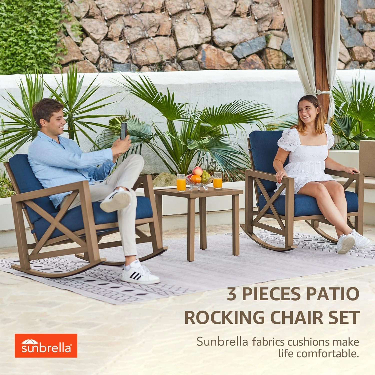 NATURAL EXPRESSIONS Sunbrella Rocking Bistro Set, 3 Piece Outdoor Patio Conversation Furniture Set with 6.5'' Thick Cushions Wood Grain Finish Frame for Backyard,Porch,Poolside