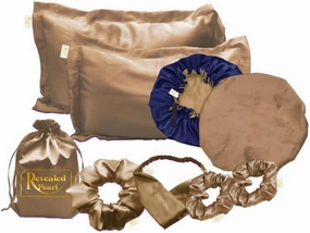 Natural hair essentials reversible and adjustable Satin bonnet, satin pillowcases, satin Scrunchies and headband set of 8 pieces (Beige)