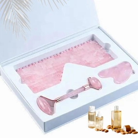 Natural Rose Quartz MASK Set  Jade Roller & Gua Sha Set Instant Reduce Eye Puffiness and promotes Relaxation Crystal Mask