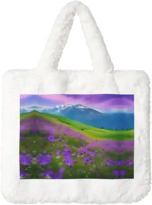 Nature Purple Flowers Meadow Mountain Scenic Plush Handbag – Autumn Winter Tote Bag, Coin Pouch & Accessories – Perfect for Shopping & Christmas