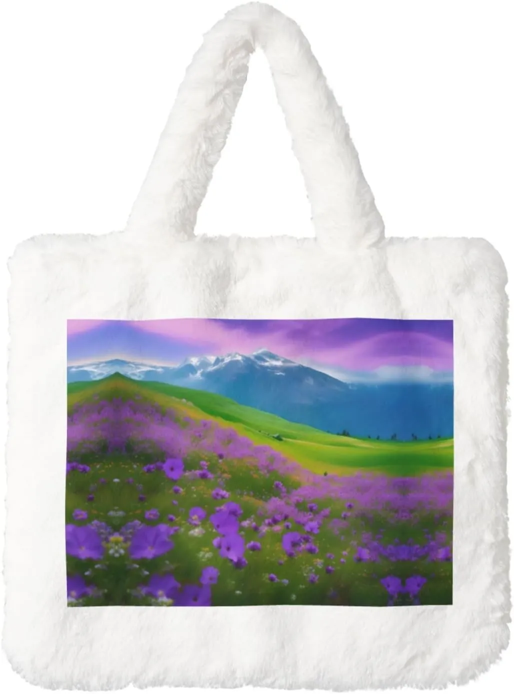 Nature Purple Flowers Meadow Mountain Scenic Plush Handbag – Autumn Winter Tote Bag, Coin Pouch & Accessories – Perfect for Shopping & Christmas