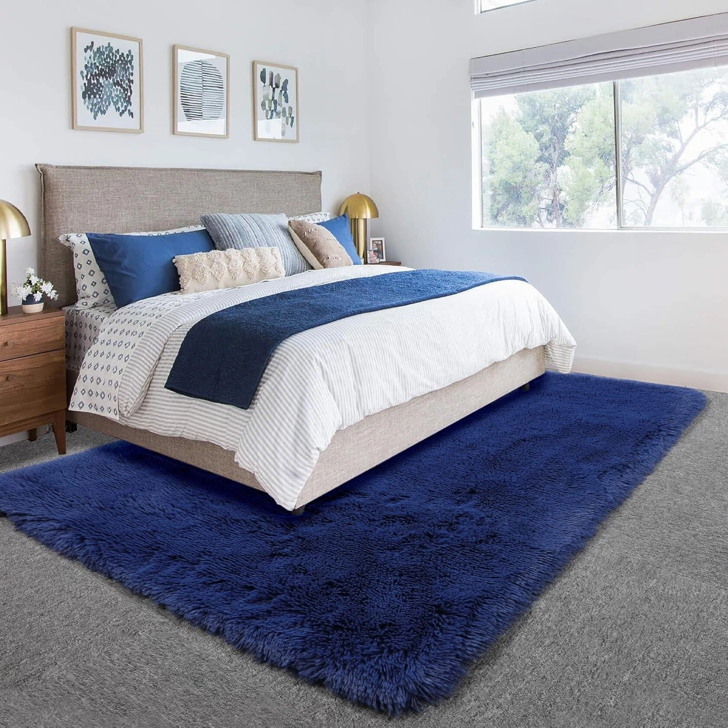 Navy Blue Runner Rugs for Boys Bedroom, Fluffy Bedside Small Area Rug for Kids Room, Living Room Decor Aesthetic, Cute Shag Fur Throw Royal Dark Blue Carpet for Office Dorm Playroom Baby Nursery, 3x5