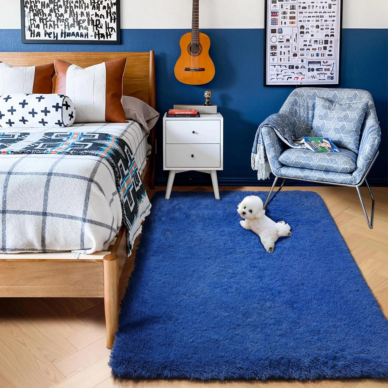 Navy Blue Runner Rugs for Boys Bedroom, Fluffy Bedside Small Area Rug for Kids Room, Living Room Decor Aesthetic, Cute Shag Fur Throw Royal Dark Blue Carpet for Office Dorm Playroom Baby Nursery, 3x5