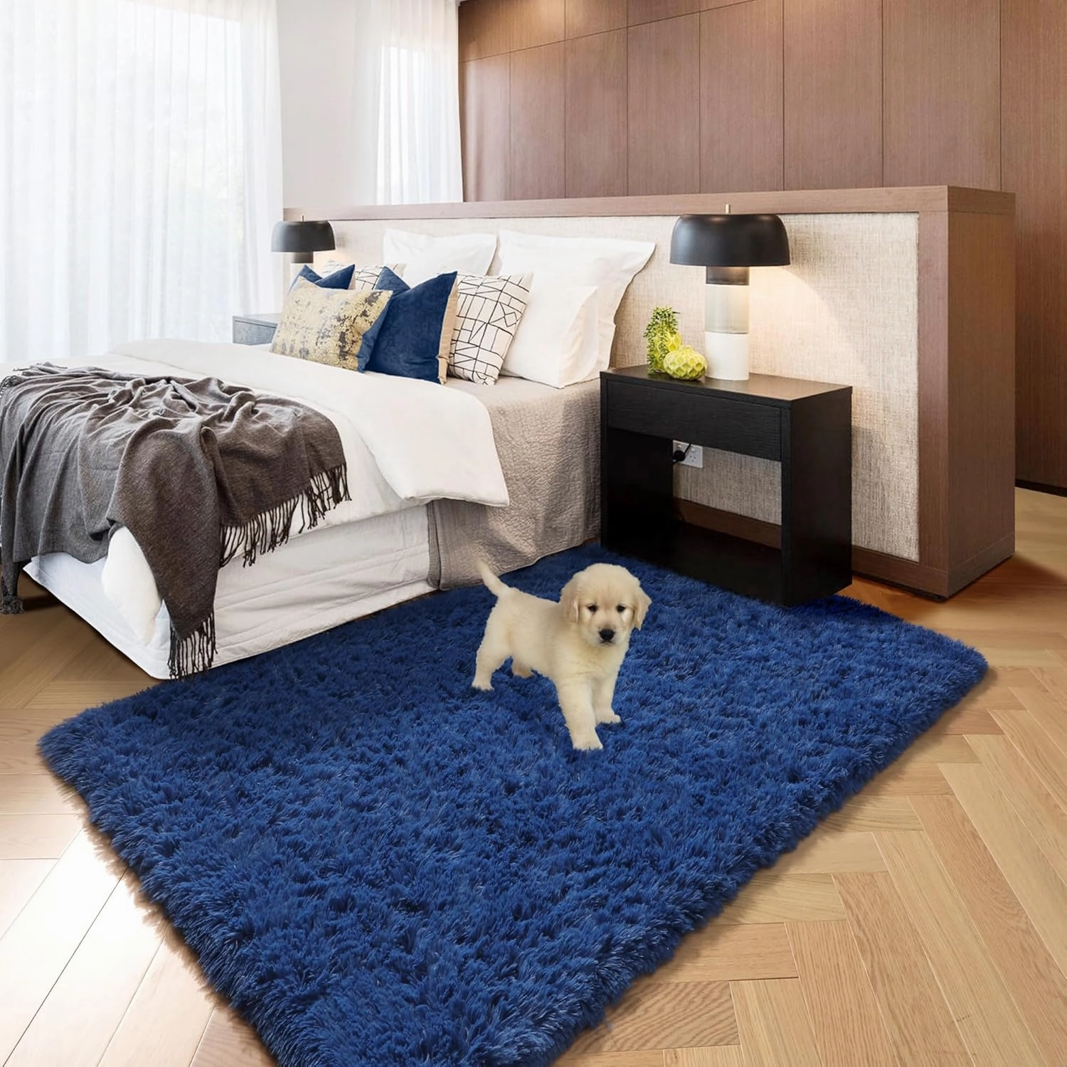Navy Blue Runner Rugs for Boys Bedroom, Fluffy Bedside Small Area Rug for Kids Room, Living Room Decor Aesthetic, Cute Shag Fur Throw Royal Dark Blue Carpet for Office Dorm Playroom Baby Nursery, 3x5