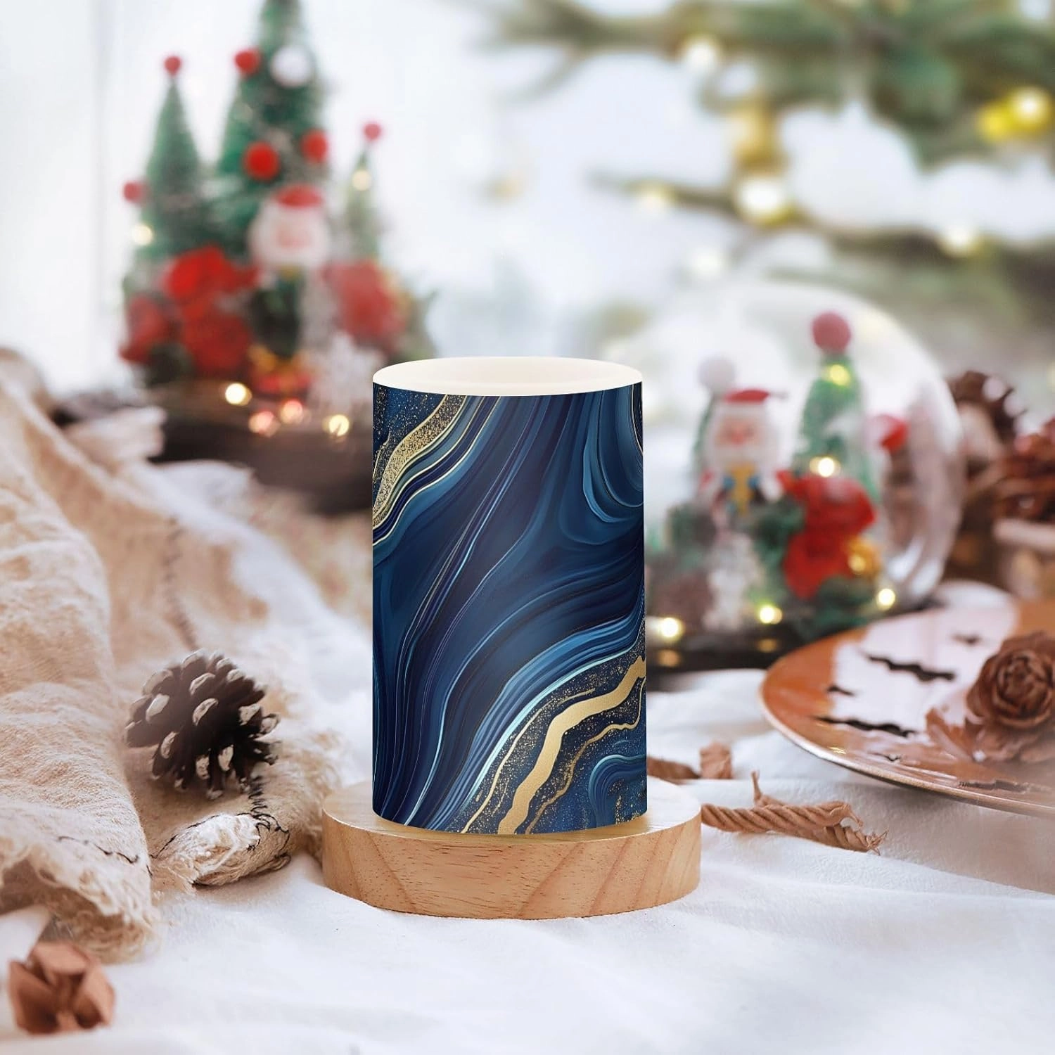 Navy Golden Marble Flickering Flameless Candles LED Battery Operated with Remote Timer Pillar Candles for Home Birthday Wedding Christmas Decor, Set of 2