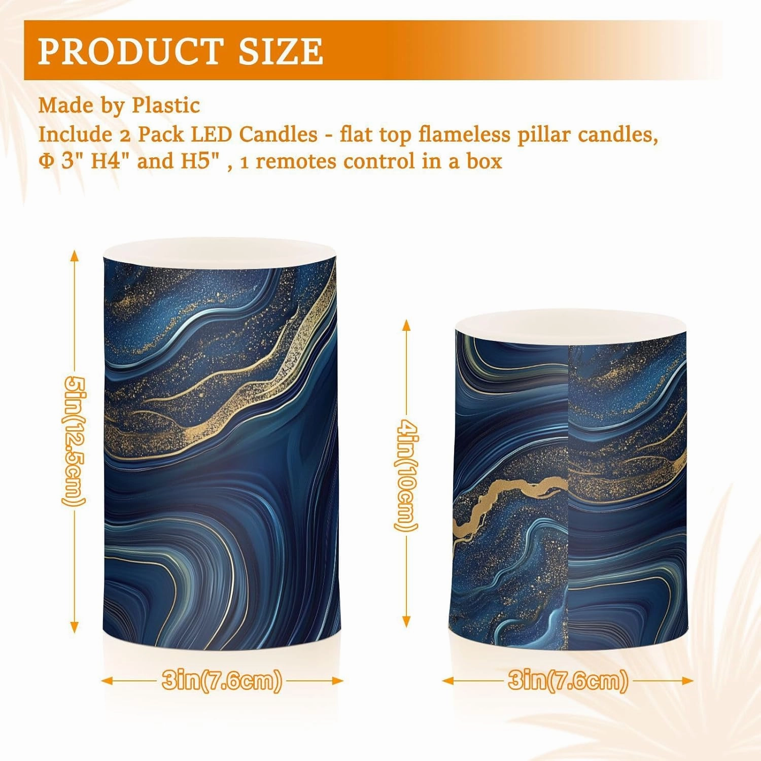 Navy Golden Marble Flickering Flameless Candles LED Battery Operated with Remote Timer Pillar Candles for Home Birthday Wedding Christmas Decor, Set of 2