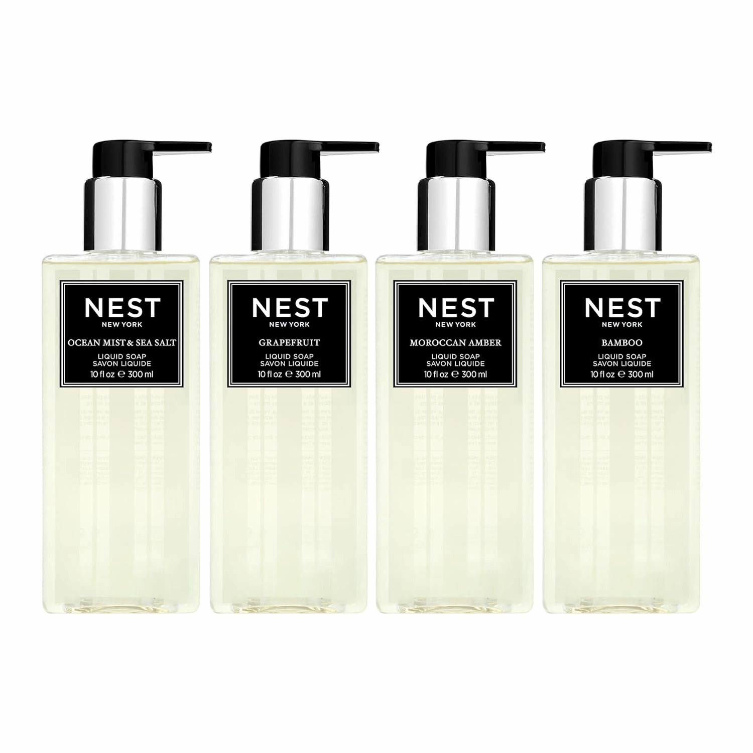 NEST New York Liquid Soap Set, Bamboo, Grapefruit, Ocean Mist & Sea Salt, and Moroccan Amber - Includes Four 10 fl oz Bottles - Approx. 300 Pumps Per Bottle - Gluten Free & Cruelty Free