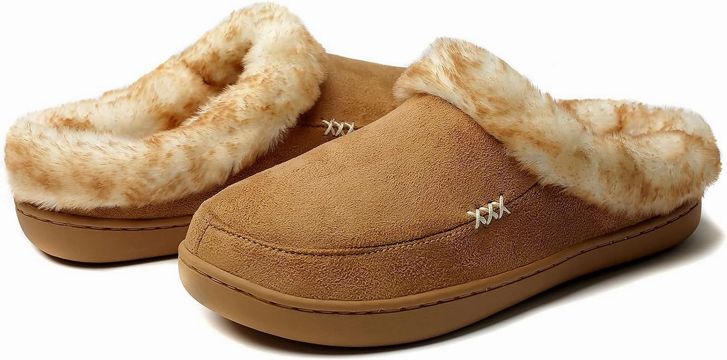 NewDenBer Women's Cozy Memory Foam Slippers Suede Plush Faux Fur Lined Slip on Indoor Outdoor House Shoes