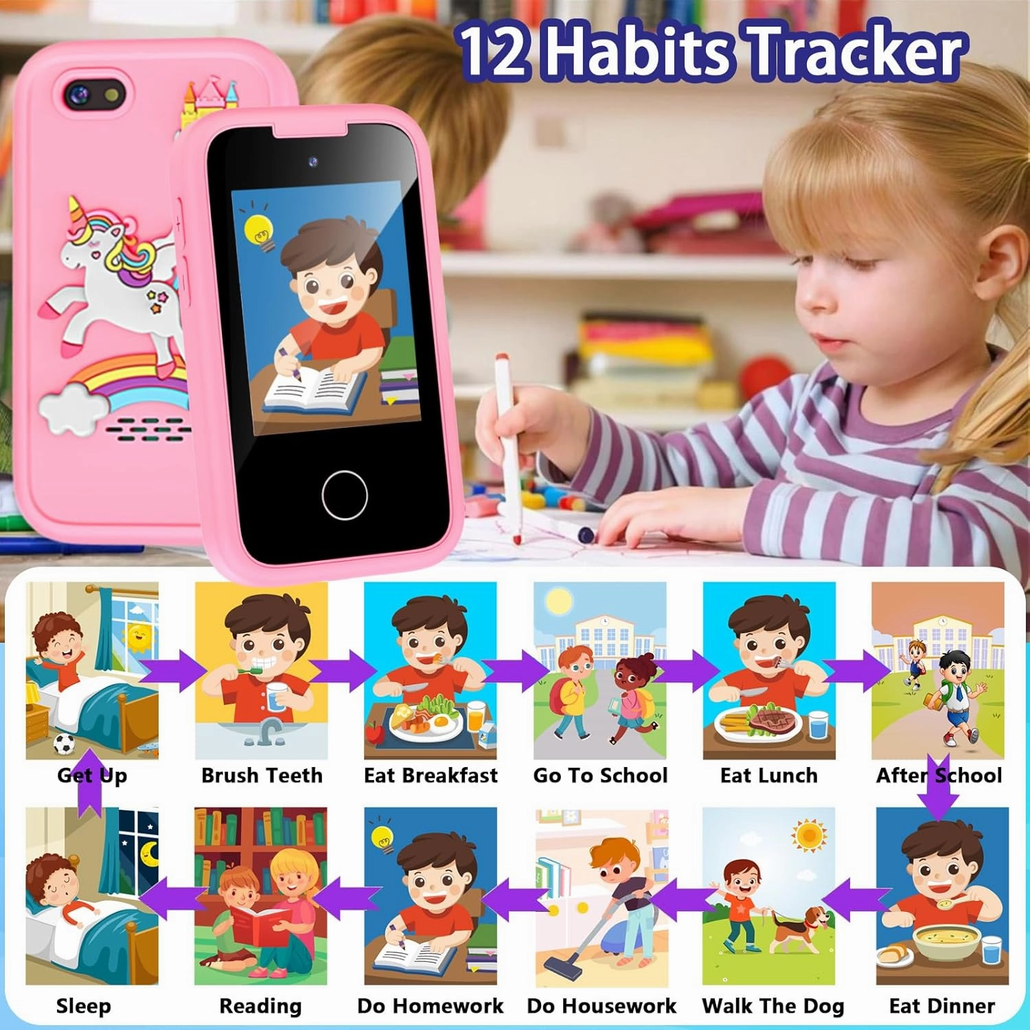 Nikuku Kids Phone for Girls, Christmas Birthday Gift for 3 4 5 6 7 8 9 Year Old, Children Pretend Smart Cellphone Toy with Dual Camera, Touchscreen, Learning Game, Music Player, 8GB Card(Pink)