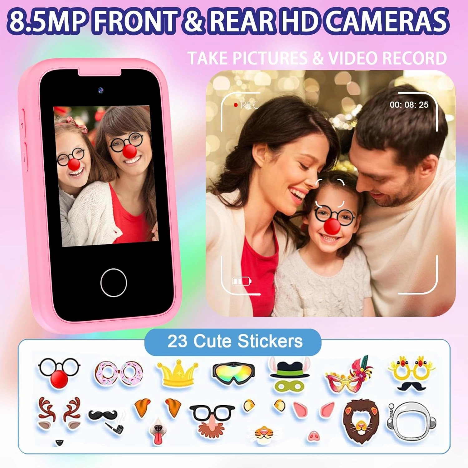 Nikuku Kids Phone for Girls, Christmas Birthday Gift for 3 4 5 6 7 8 9 Year Old, Children Pretend Smart Cellphone Toy with Dual Camera, Touchscreen, Learning Game, Music Player, 8GB Card(Pink)