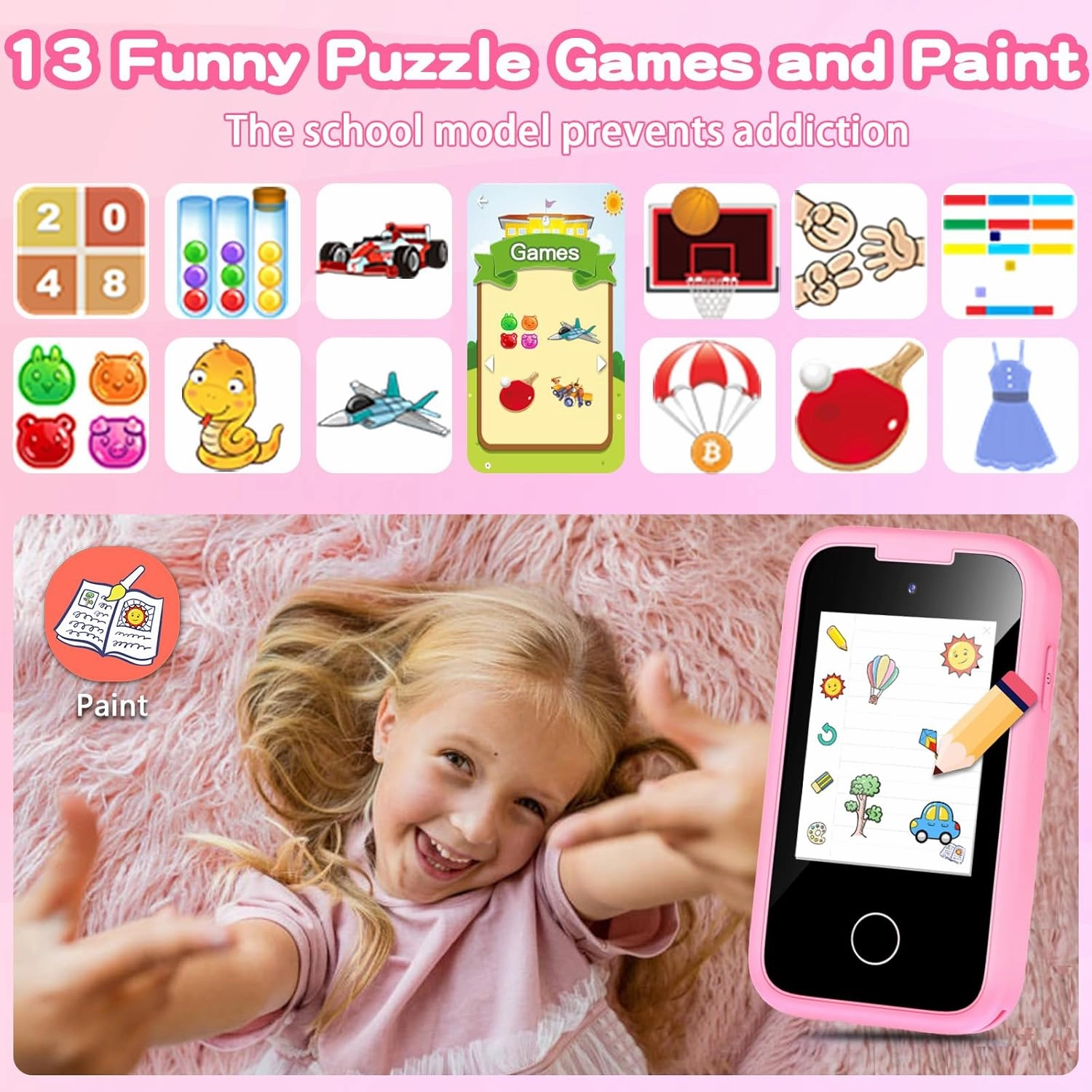 Nikuku Kids Phone for Girls, Christmas Birthday Gift for 3 4 5 6 7 8 9 Year Old, Children Pretend Smart Cellphone Toy with Dual Camera, Touchscreen, Learning Game, Music Player, 8GB Card(Pink)