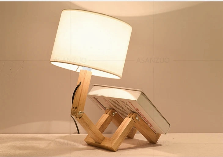 Nordic Art Wooden Robot Shaped Table Lamp – Modern LED Desk Lamp for Bedroom, Living Room, and Study Room (E14, No Bulb Included)