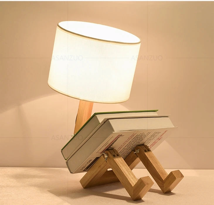 Nordic Art Wooden Robot Shaped Table Lamp – Modern LED Desk Lamp for Bedroom, Living Room, and Study Room (E14, No Bulb Included)