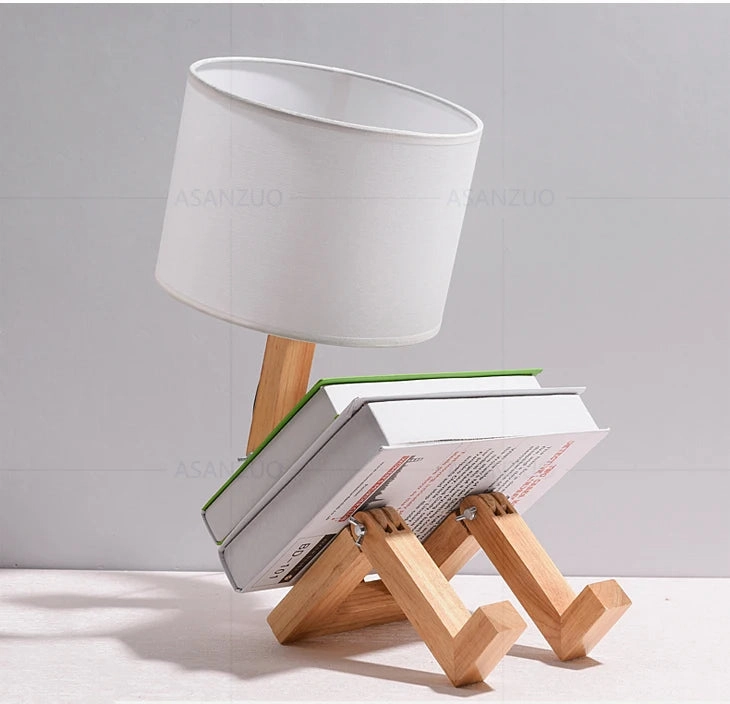 Nordic Art Wooden Robot Shaped Table Lamp – Modern LED Desk Lamp for Bedroom, Living Room, and Study Room (E14, No Bulb Included)