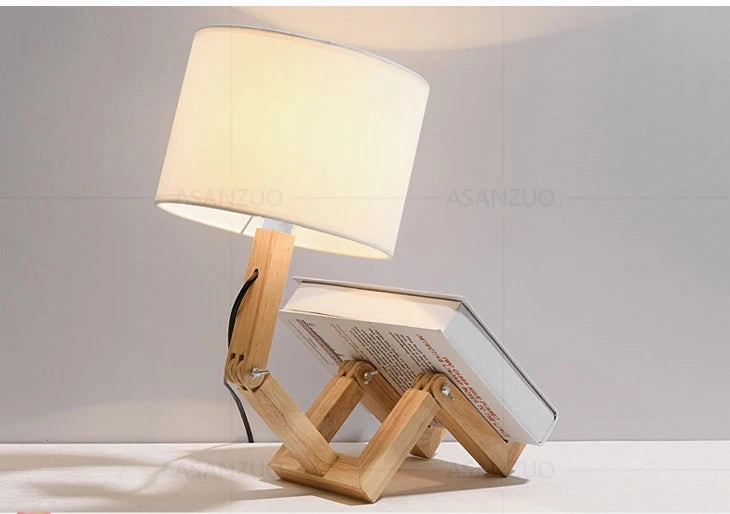 Nordic Art Wooden Robot Shaped Table Lamp – Modern LED Desk Lamp for Bedroom, Living Room, and Study Room (E14, No Bulb Included)