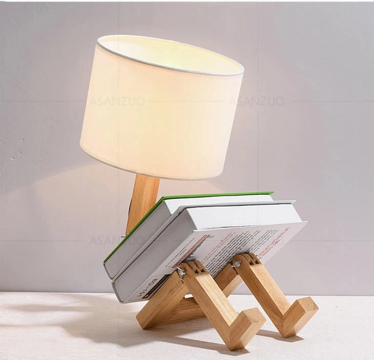 Nordic Art Wooden Robot Shaped Table Lamp – Modern LED Desk Lamp for Bedroom, Living Room, and Study Room (E14, No Bulb Included)