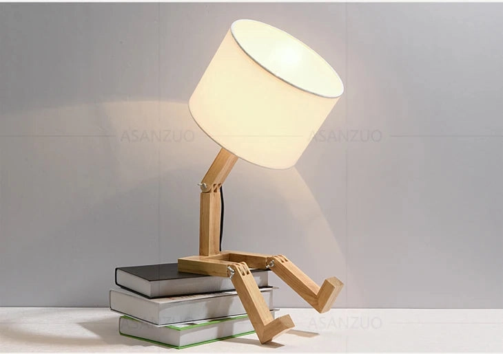 Nordic Art Wooden Robot Shaped Table Lamp – Modern LED Desk Lamp for Bedroom, Living Room, and Study Room (E14, No Bulb Included)