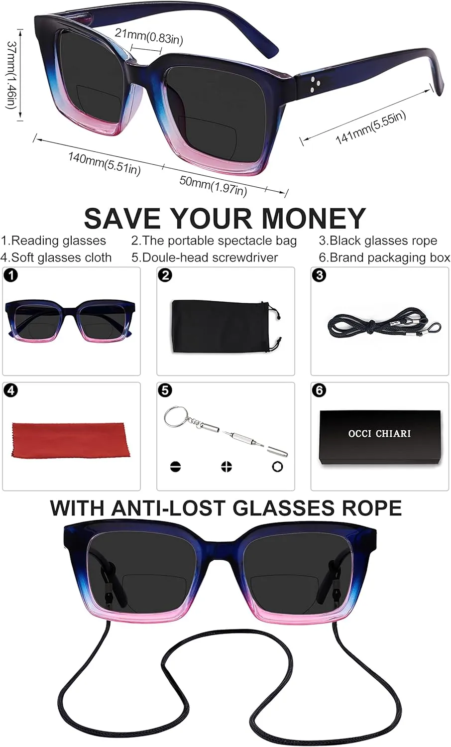 OCCI CHIARI Bifocal Reading Sunglasses UV400 Protection Readers for Women Comfortable Stylish Reading glasses 1.0 1.5 2.0 2.5 3.0 3.5 4.0(1.0x Purple)