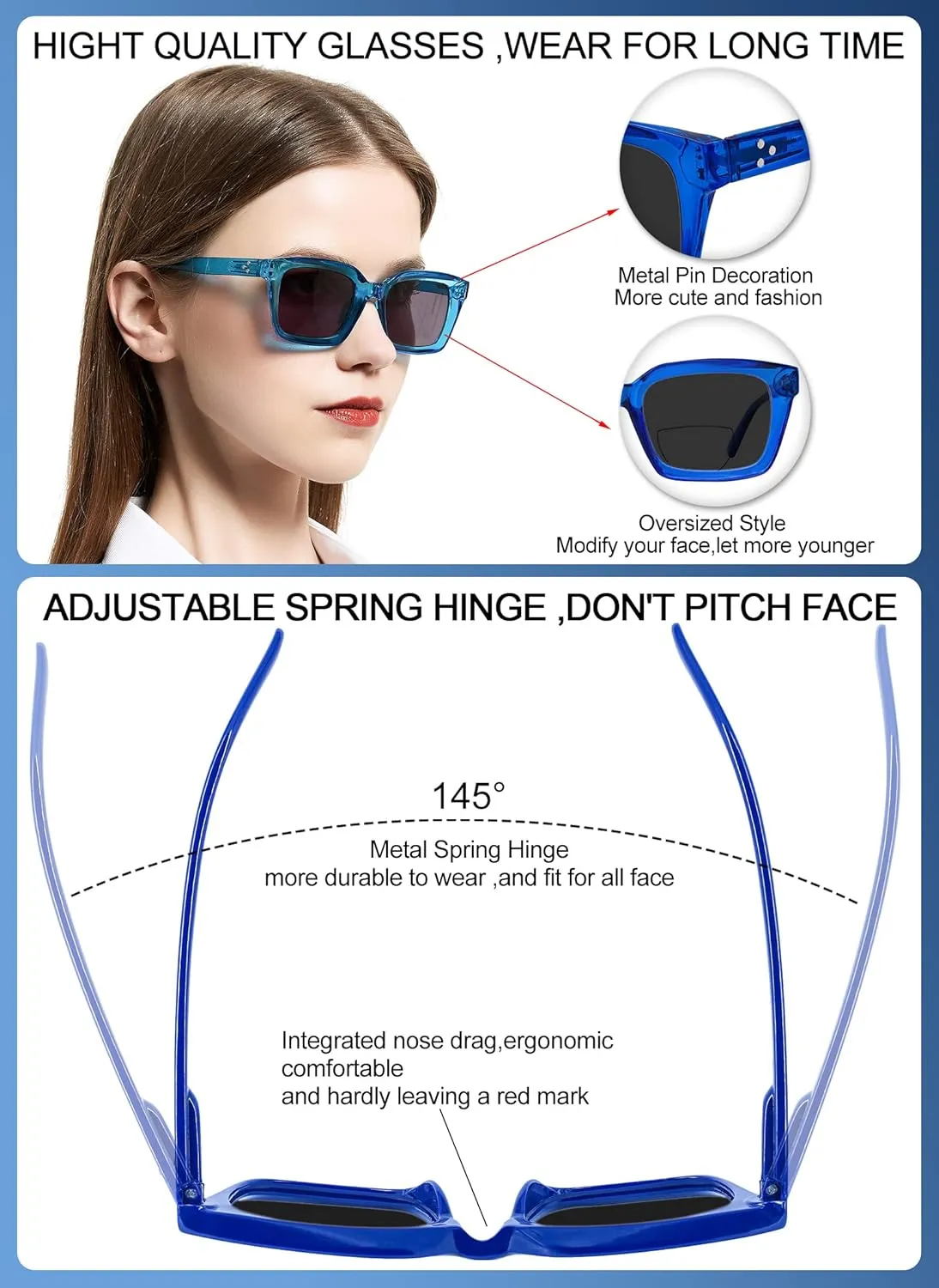 OCCI CHIARI Bifocal Reading Sunglasses UV400 Protection Readers for Women Comfortable Stylish Reading glasses 1.0 1.5 2.0 2.5 3.0 3.5 4.0(2.0x Blue)