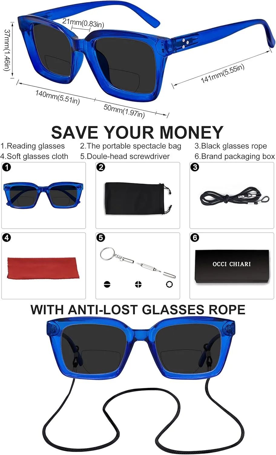OCCI CHIARI Bifocal Reading Sunglasses UV400 Protection Readers for Women Comfortable Stylish Reading glasses 1.0 1.5 2.0 2.5 3.0 3.5 4.0(2.0x Blue)