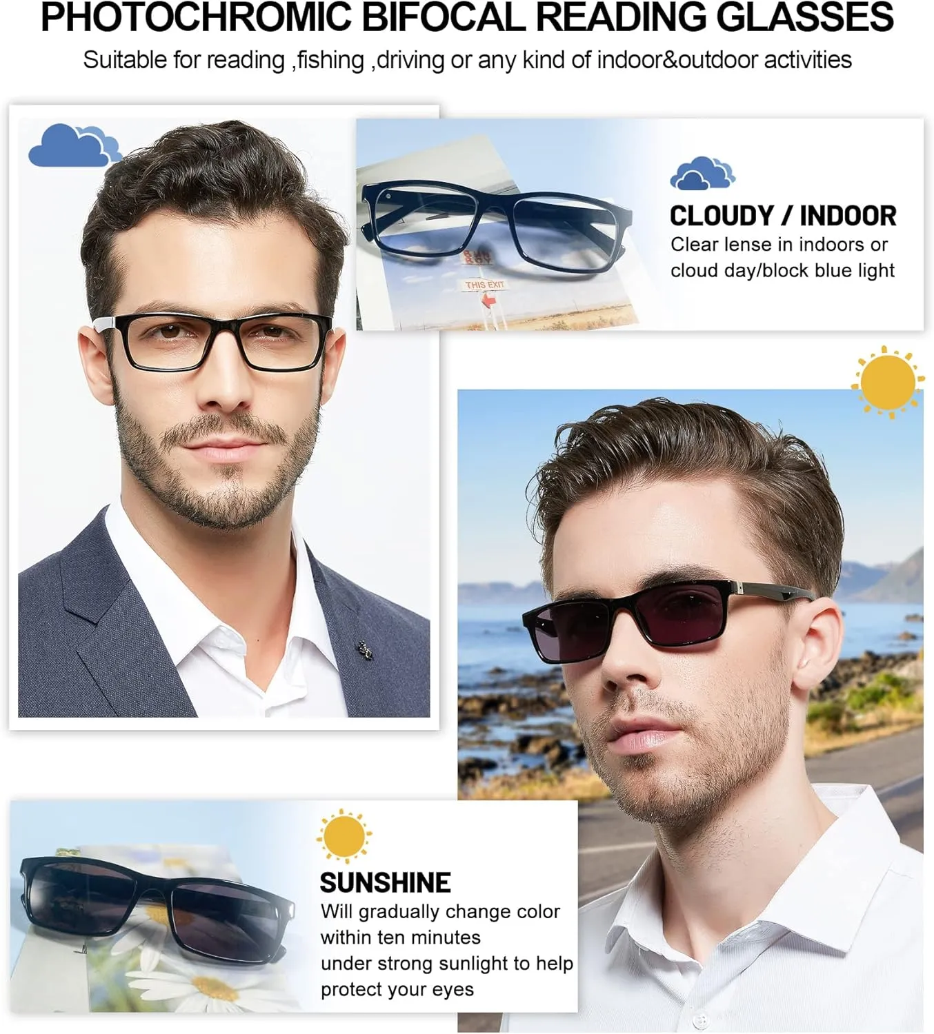 OCCI CHIARI Photochromic Bifocal Reading Glasses for Mens,Square Transition UV Protection Sunglasses Readers