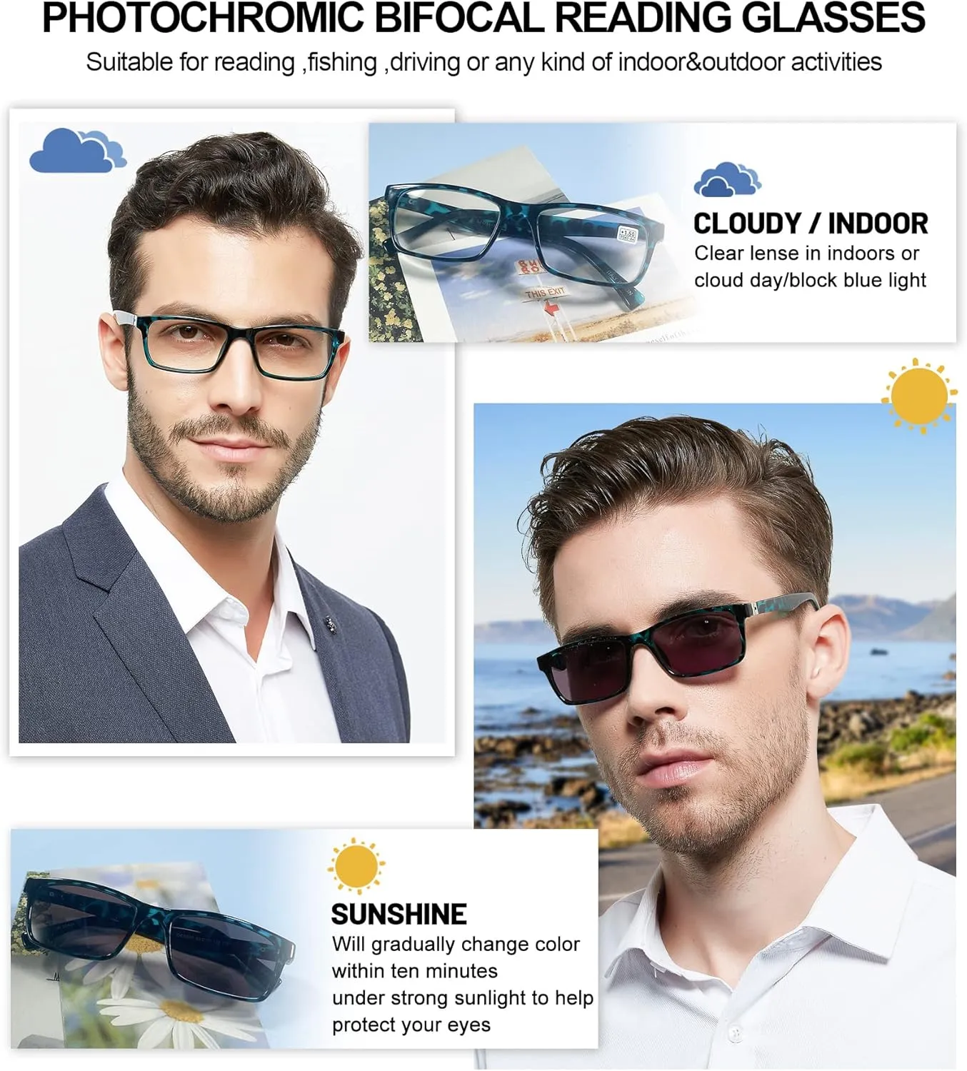 OCCI CHIARI Photochromic Bifocal Reading Glasses for Mens,Square Transition UV Protection Sunglasses Readers