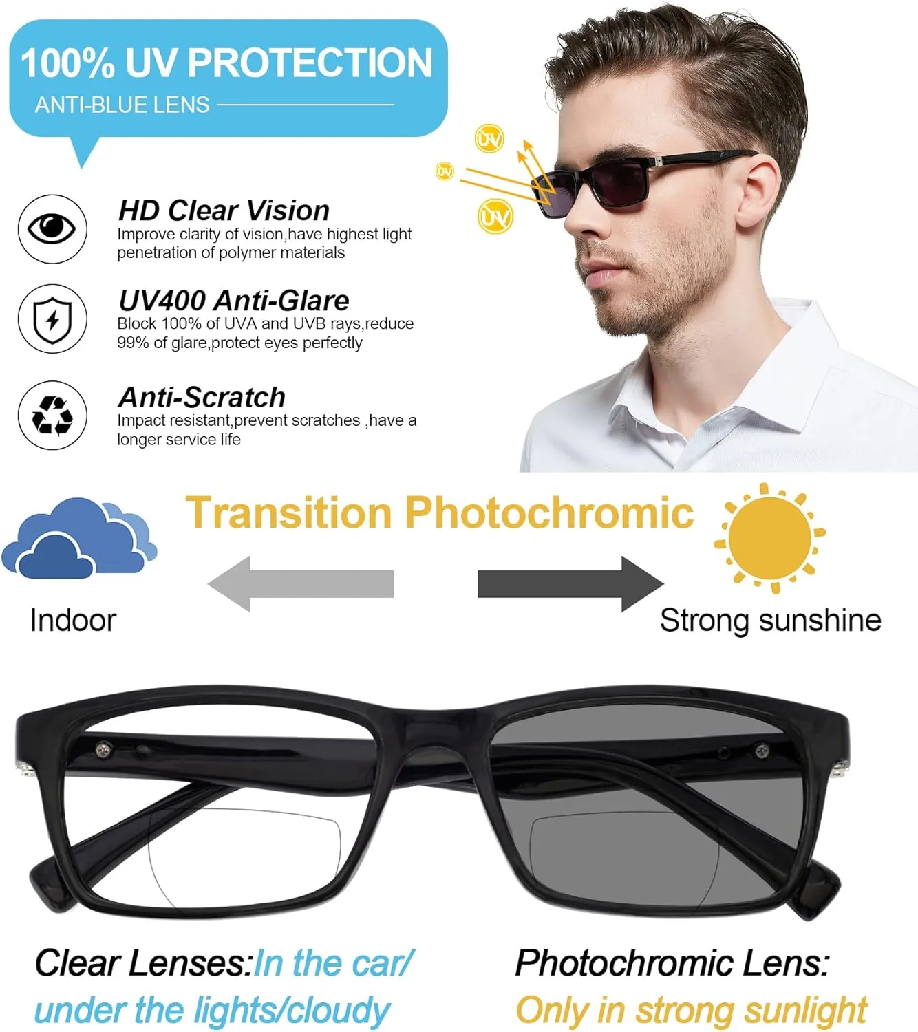 OCCI CHIARI Photochromic Bifocal Reading Glasses for Mens,Square Transition UV Protection Sunglasses Readers