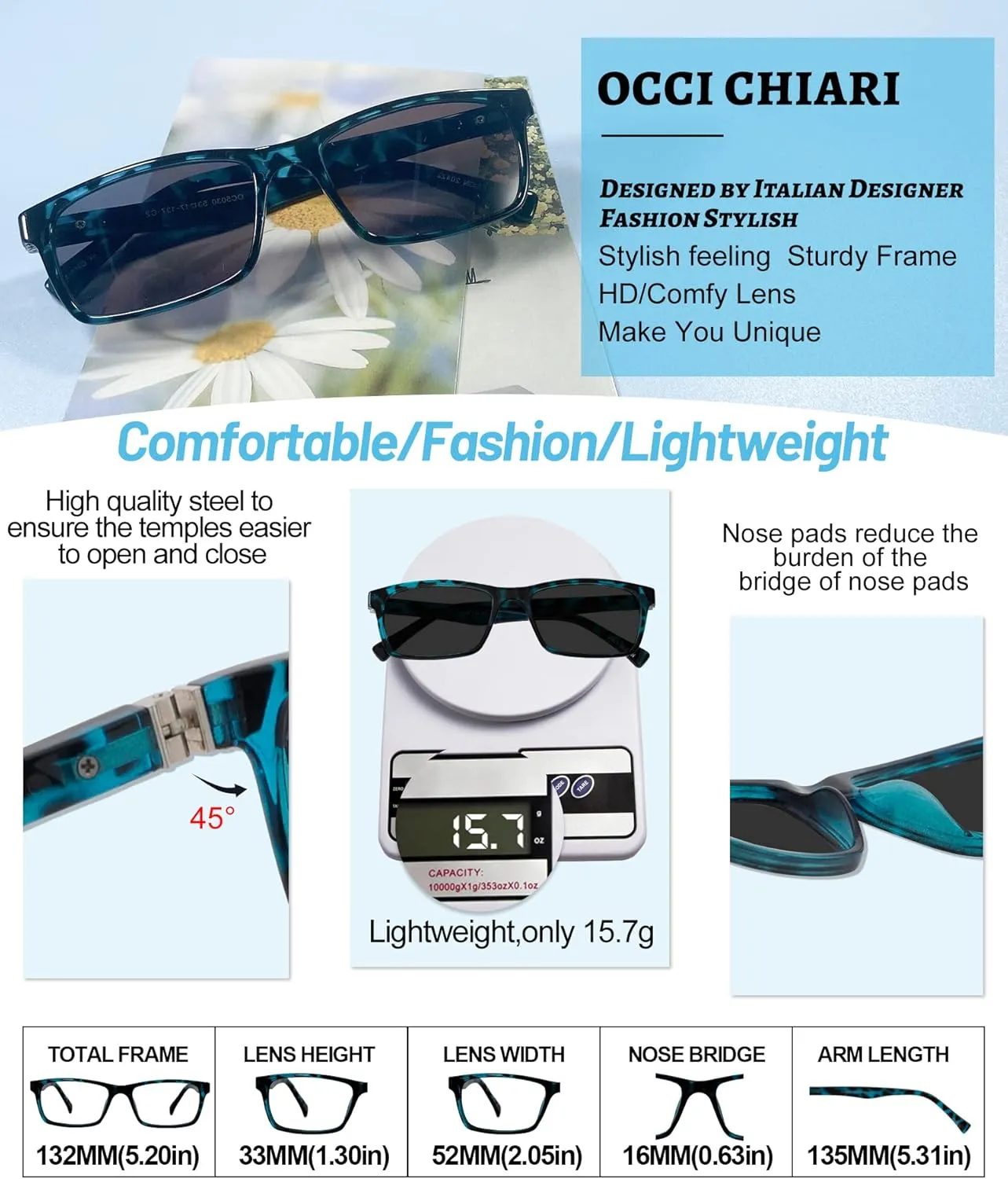 OCCI CHIARI Photochromic Bifocal Reading Glasses for Mens,Square Transition UV Protection Sunglasses Readers