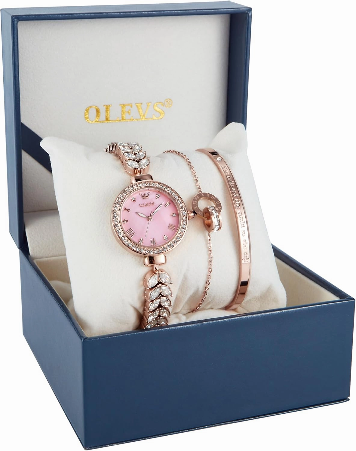 OLEVS Women Watch Set Shinning Diamond Rose Gold Elegant Luxury Ladies Dress Wrist Watches Necklaces & Bracelets
