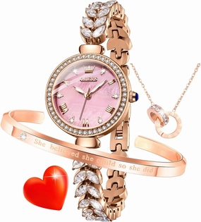 OLEVS Women Watch Set Shinning Diamond Rose Gold Elegant Luxury Ladies Dress Wrist Watches Necklaces & Bracelets