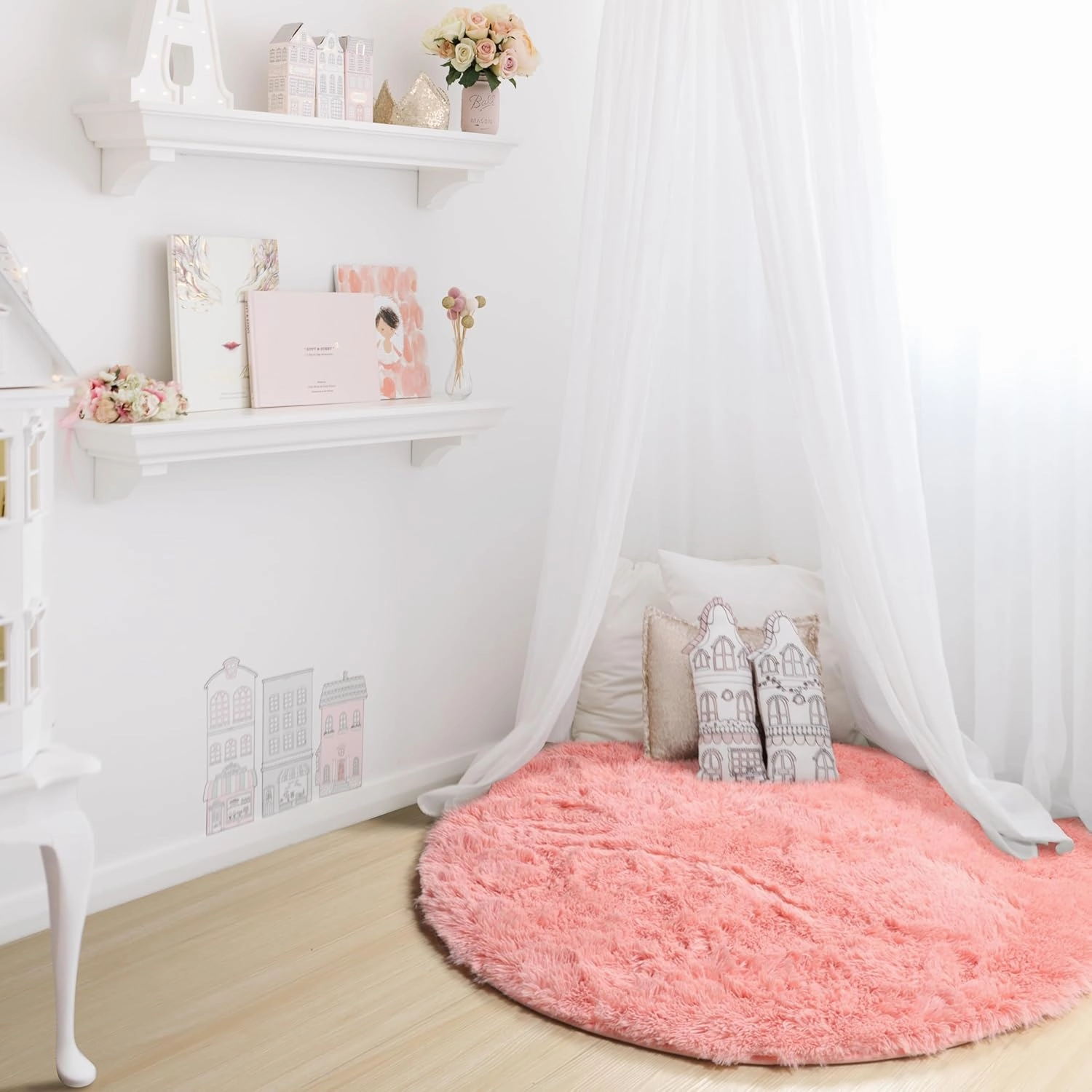 ONASAR Baby Pink Round Area Rug 4ft, Soft Bedroom Circle Rugs Mats for Kids Girls Teen Room, Kawaii Fluffy Plush Shaggy Carpet for Baby Nursery Living Room Playroom Home Decor Princess Castle