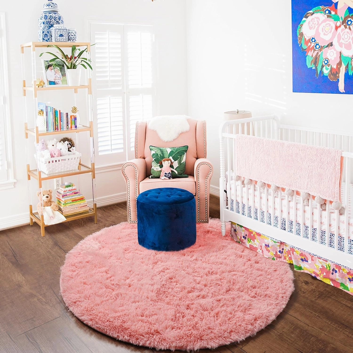 ONASAR Baby Pink Round Area Rug 4ft, Soft Bedroom Circle Rugs Mats for Kids Girls Teen Room, Kawaii Fluffy Plush Shaggy Carpet for Baby Nursery Living Room Playroom Home Decor Princess Castle
