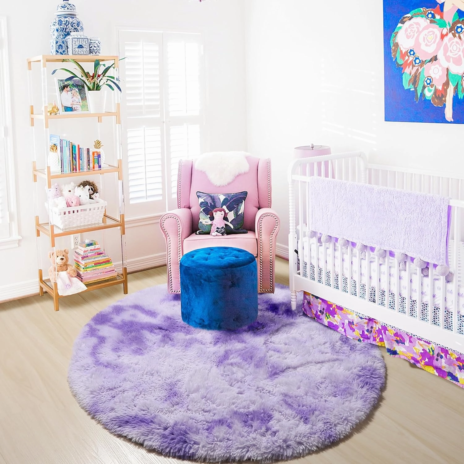ONASAR Tie-Dyed Purple Round Area Rug 4ft, Soft Bedroom Circle Rugs Floor Mats for Kids Girls Teen Room, Kawaii Fluffy Plush Shaggy Carpet for Baby Nursery Living Room Playroom Home Decor