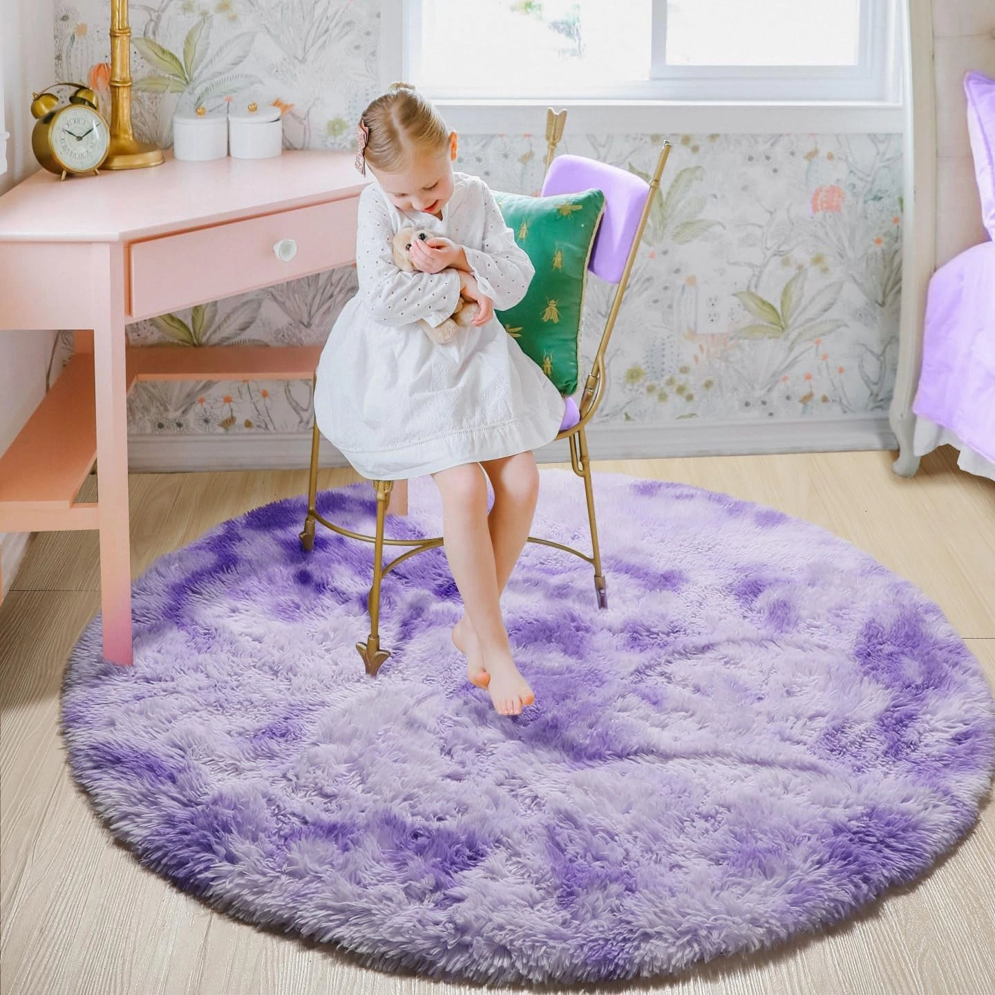 ONASAR Tie-Dyed Purple Round Area Rug 4ft, Soft Bedroom Circle Rugs Floor Mats for Kids Girls Teen Room, Kawaii Fluffy Plush Shaggy Carpet for Baby Nursery Living Room Playroom Home Decor