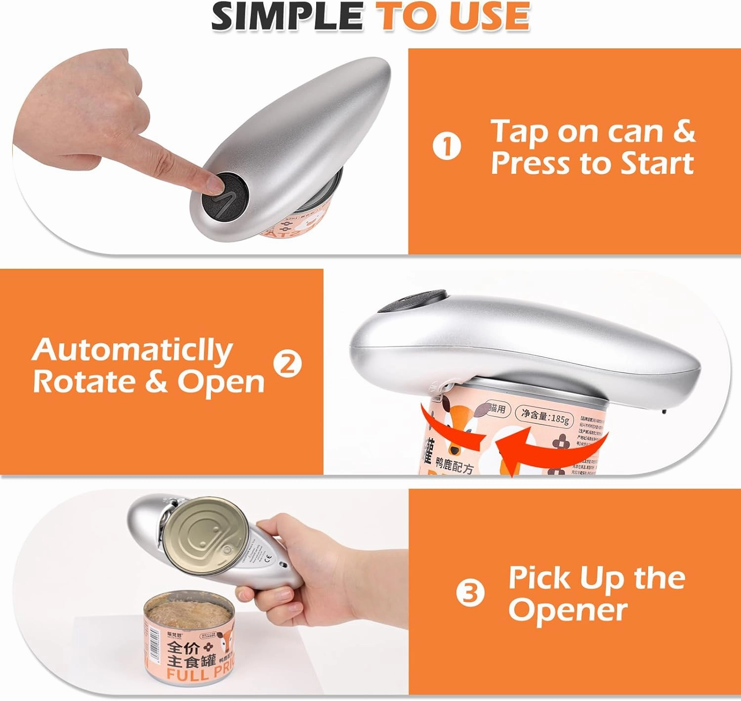 One Touch Electric Can Opener - Automatic Can Openers with Smooth Edge, Free Handheld Electric Can Opener for Kitchen, Seniors (Silver)