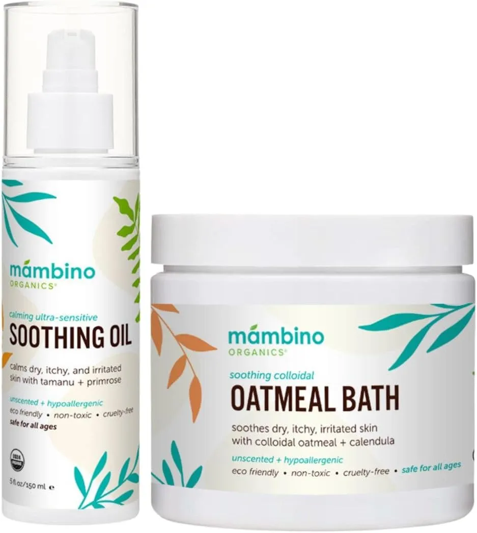 Organic Ultra-Sensitive Skin Calming Set - Natural Colloidal Oatmeal Bath Powder and Soothing Oil - All Natural Fragrance Free with Jojoba & Evening Primrose Oil - 11 oz by Mambino Organics…