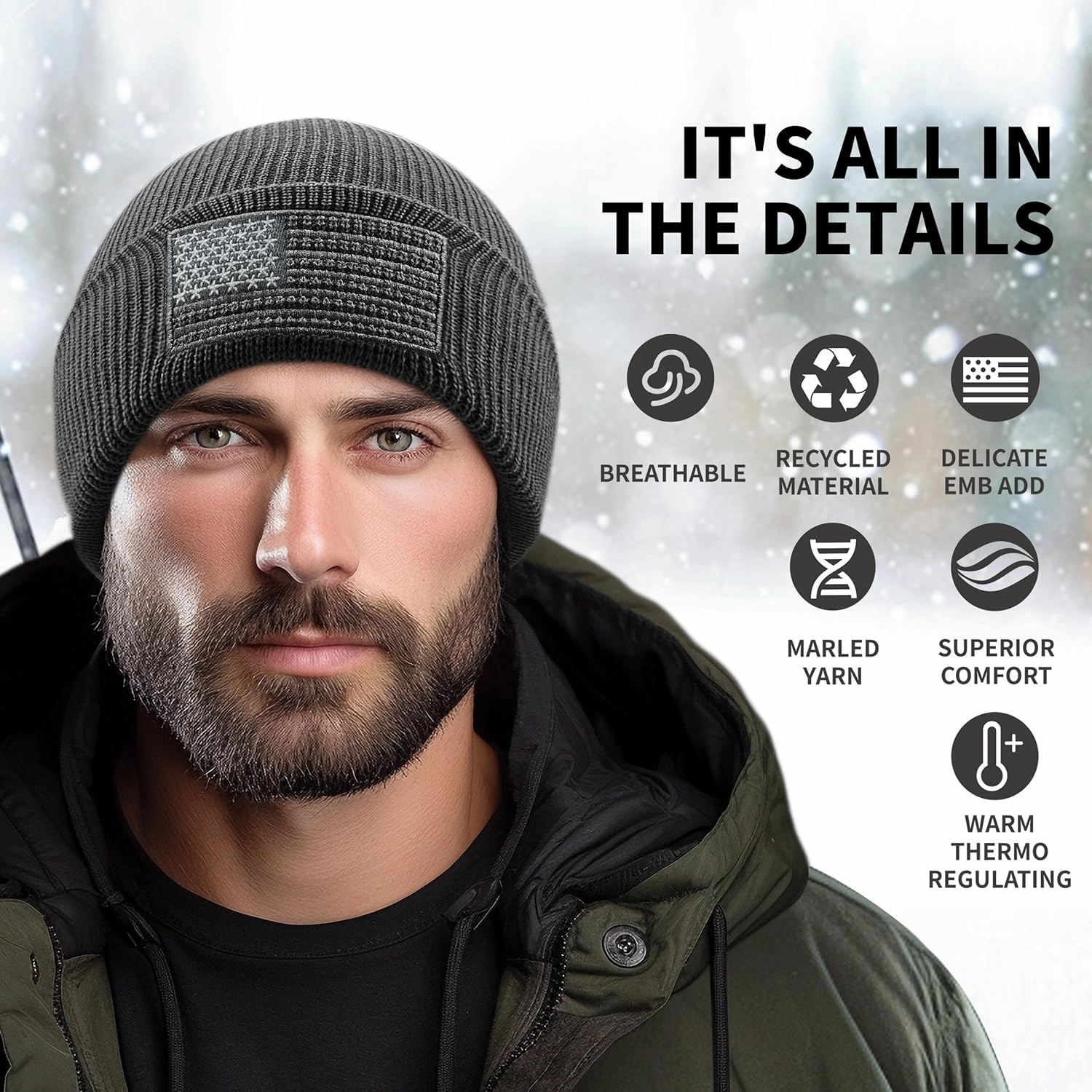 OUTDOOR SHAPING American Flag Embroidered Knit Cuffed Beanie for Men Women Tactical Winter Warm Hat