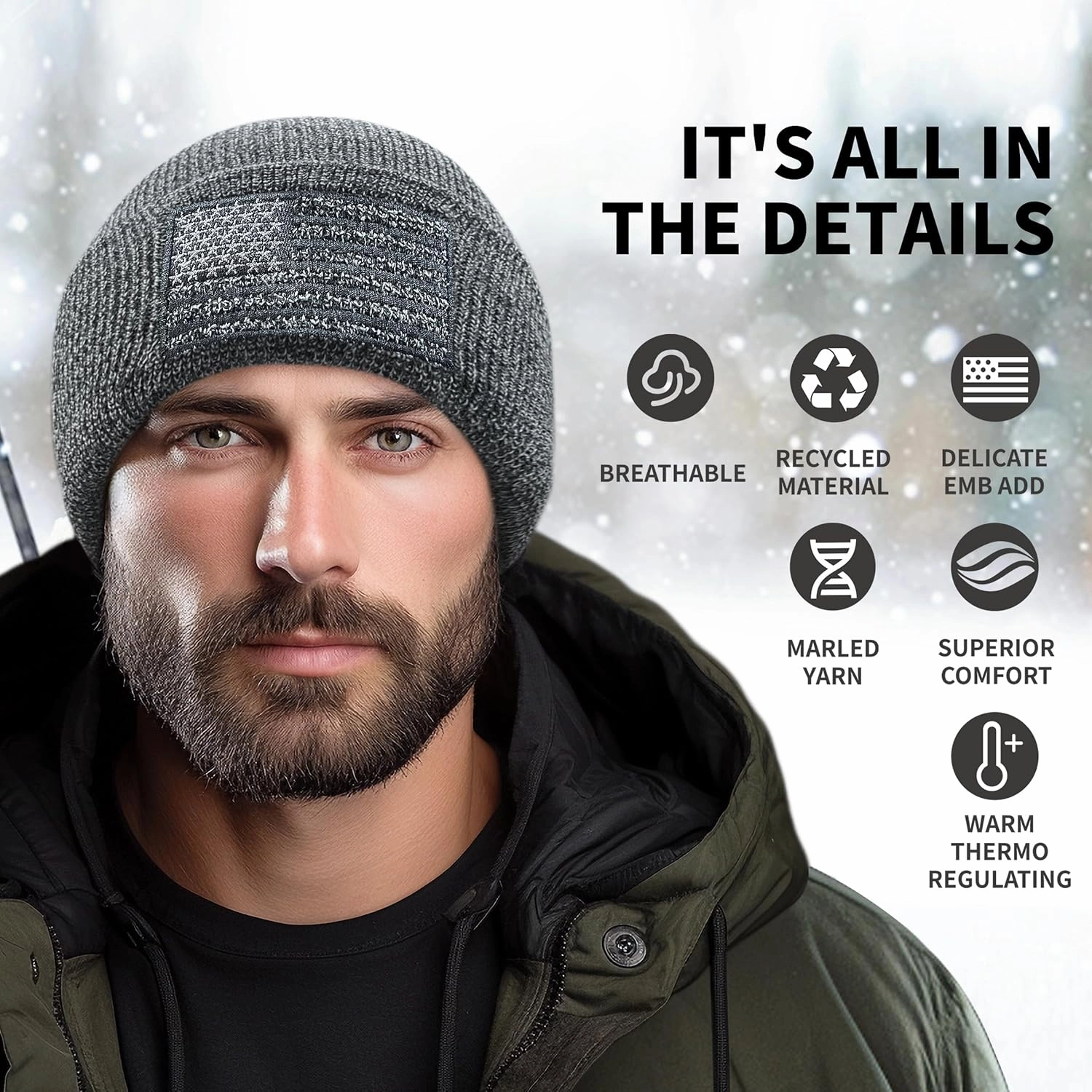 OUTDOOR SHAPING American Flag Embroidered Knit Cuffed Beanie for Men Women Tactical Winter Warm Hat