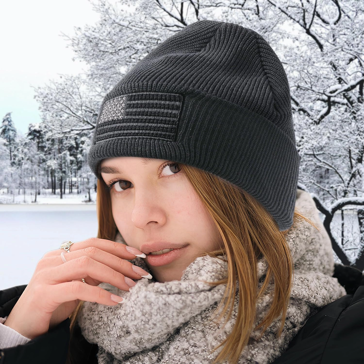 OUTDOOR SHAPING American Flag Embroidered Knit Cuffed Beanie for Men Women Tactical Winter Warm Hat