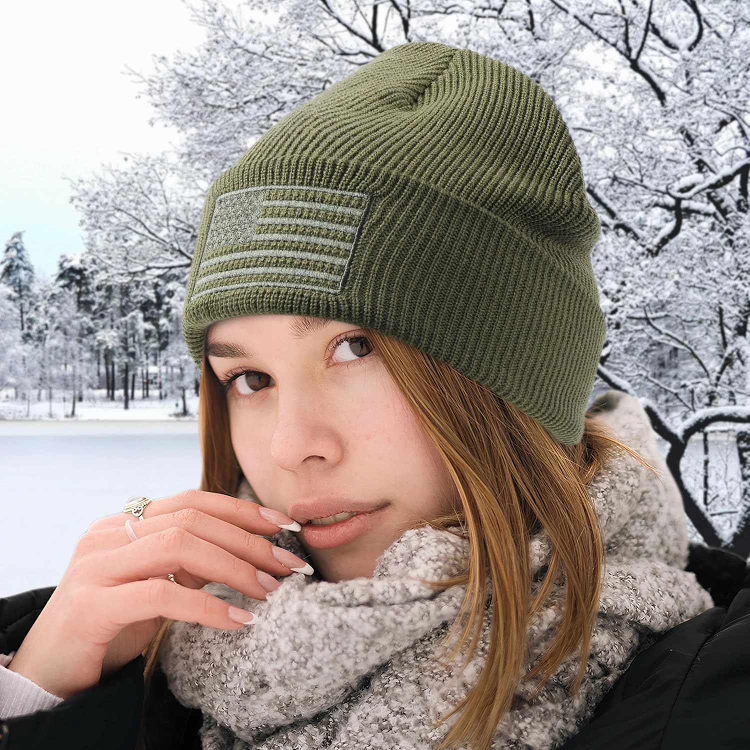 OUTDOOR SHAPING American Flag Embroidered Knit Cuffed Beanie for Men Women Tactical Winter Warm Hat