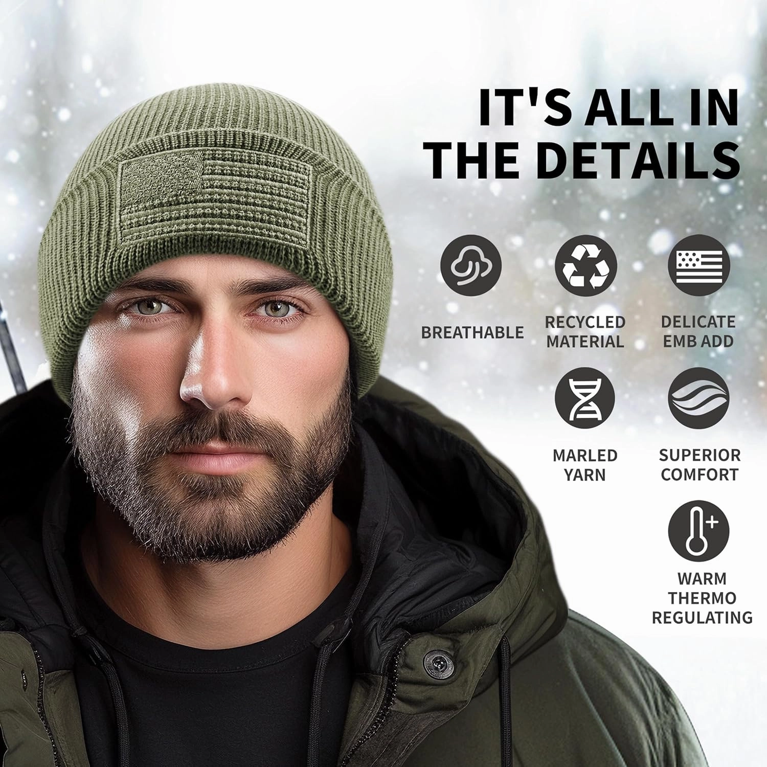 OUTDOOR SHAPING American Flag Embroidered Knit Cuffed Beanie for Men Women Tactical Winter Warm Hat