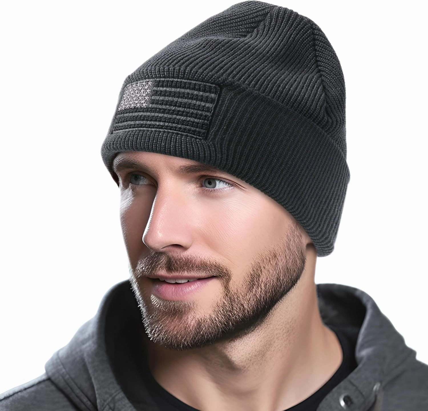 OUTDOOR SHAPING American Flag Embroidered Knit Cuffed Beanie for Men Women Tactical Winter Warm Hat