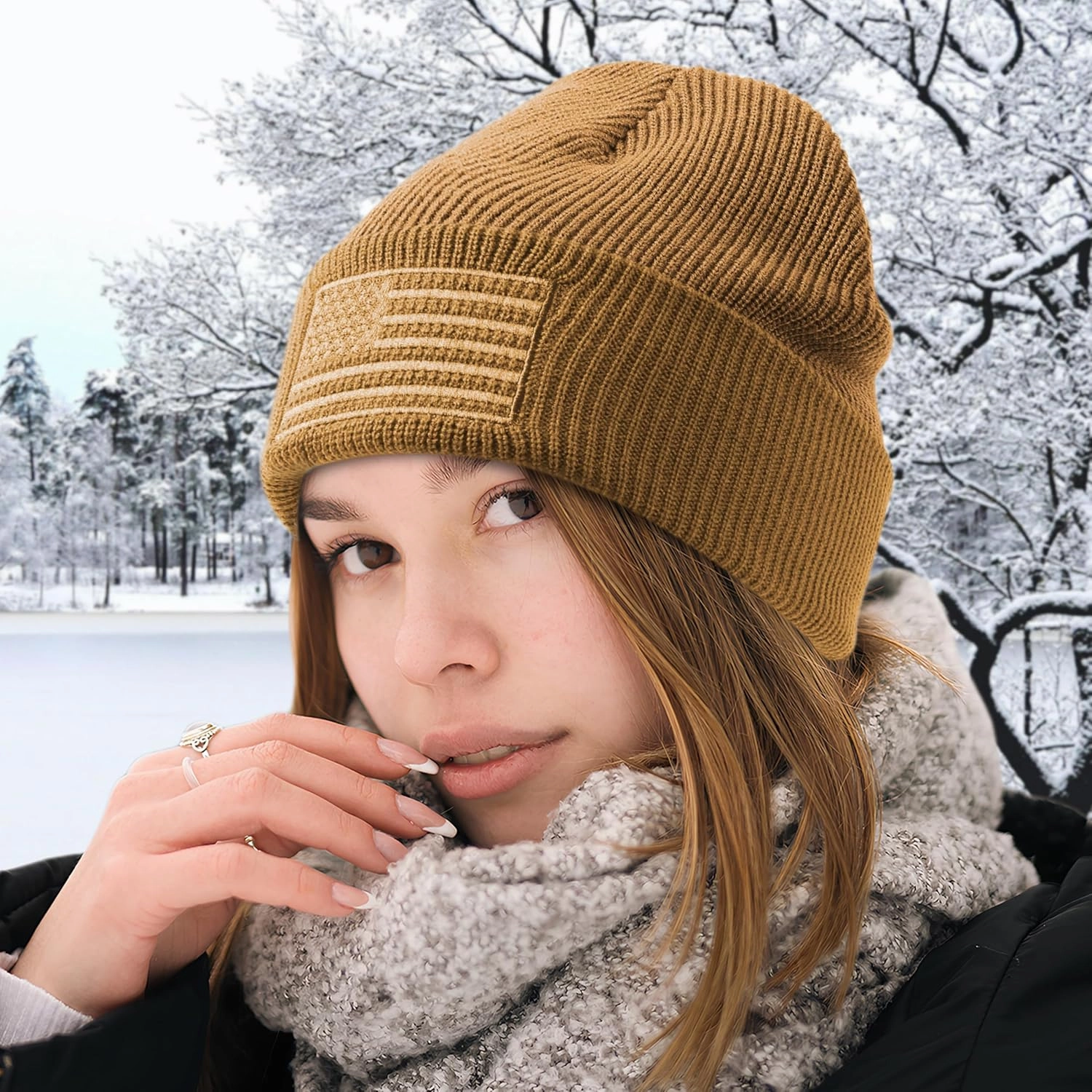 OUTDOOR SHAPING American Flag Embroidered Knit Cuffed Beanie for Men Women Tactical Winter Warm Hat