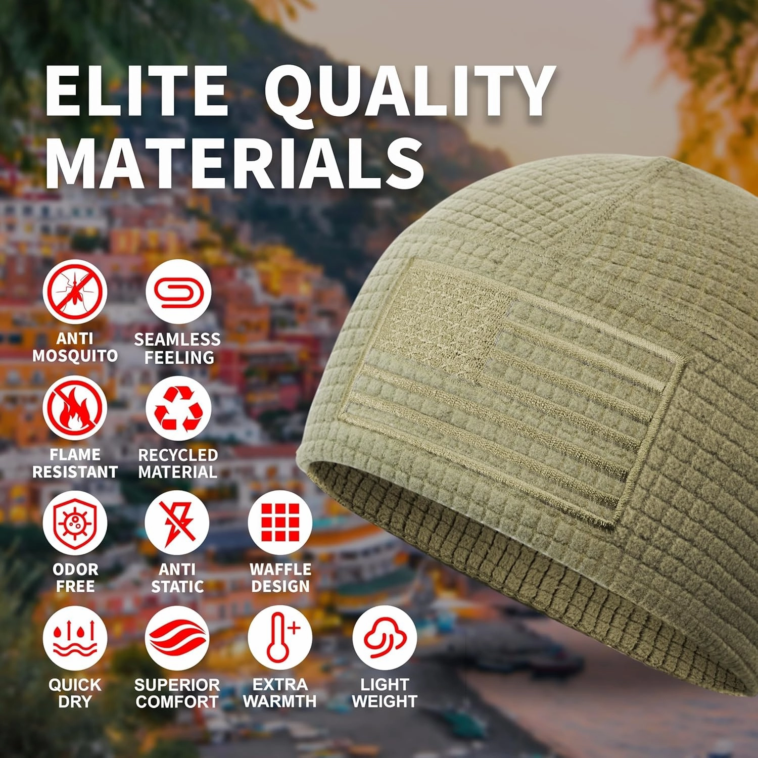OUTDOOR SHAPING Grid Fleece Beanie with American Flag Embroidery Waffle Tactical Army Military Skull Cap